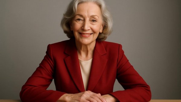 Elegant older woman smiling warmly in a red suit.