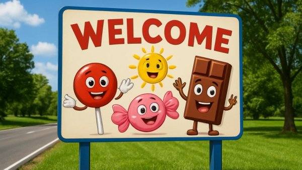 Hackettstown welcome sign with cartoon mascots in sunny setting.