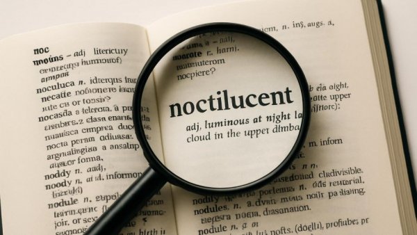 Dictionary page with magnifying glass on 'Noctilucent'.