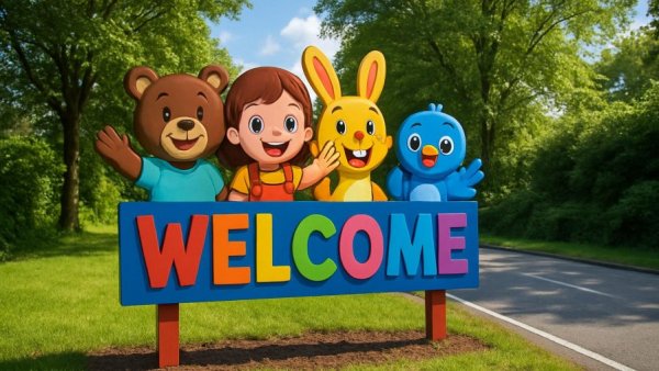 Welcome to Hackettstown sign with M&M characters for Small Business Saturday.