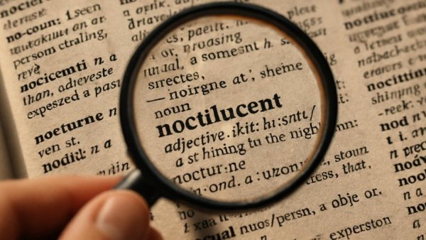 Magnifying glass reveals 'Noctilucent' in a dictionary.