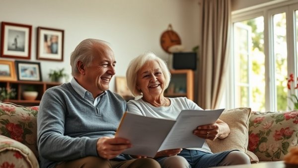 Elderly couple with nurse in assisted living setting talking happily.