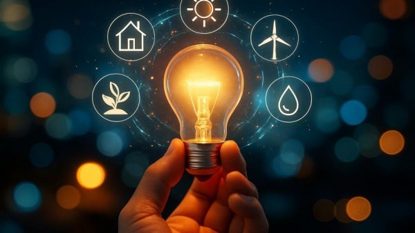 Hand holding glowing energy bulb symbolizing 2024 Energy Master Plan in a cityscape.