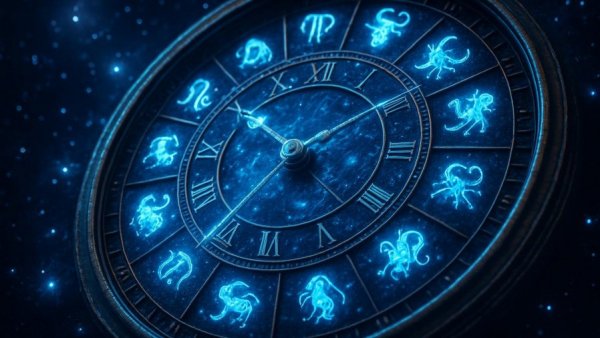 Glowing blue cosmic clock with zodiac signs for horoscope theme