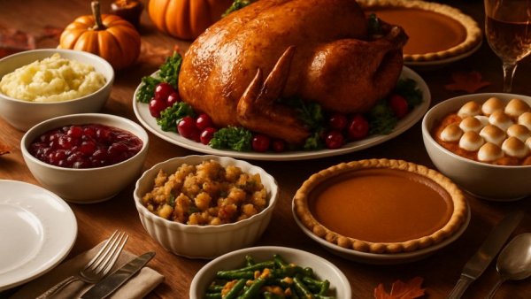 Festive Thanksgiving dinner table with traditional food spread, celebrating Thanksgiving Weekend Events in New Jersey.