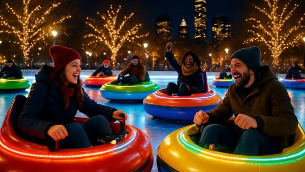 Newark Winter Village holiday event with bumper cars on ice rink.