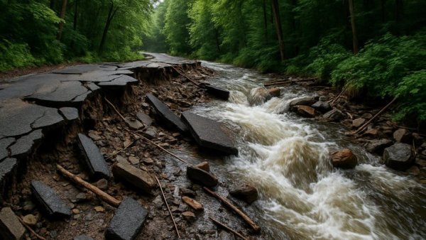 Lommason Glen Road flood damage with debris and water.