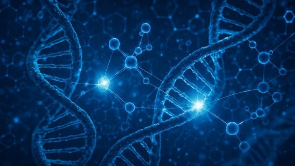 Digital DNA strands and molecular structures depict spinal muscular atrophy gene replacement therapy.