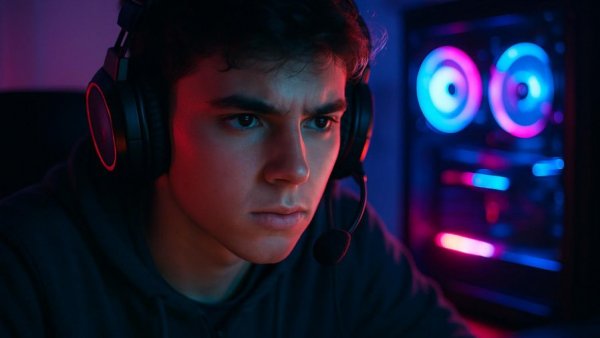 Gamer focused on monitor under neon lights, representing Safer GAMING Act.