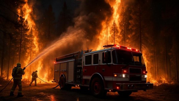 Fire Safety in Sussex County: Fire truck battling forest blaze at night.
