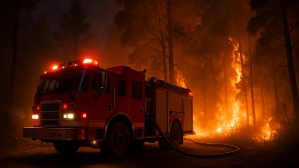 Firefighter truck near woodland fire in Hunterdon County at night.