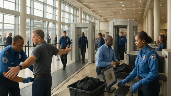 TSA agents at a modern airport checkpoint for identity verification