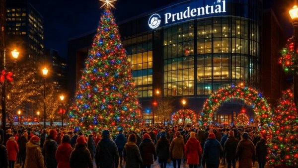 Vibrant night scene of New Jersey holiday event at Prudential Center.