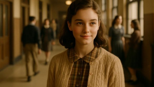 Young woman in a retro school hallway in Stranger Things style.