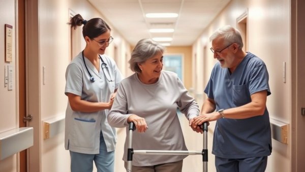 Caregivers assist elderly man with walker in nursing home hallway.