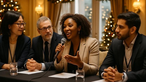 Panelists discussing New Jersey energy solutions in a decorated conference room.