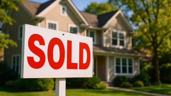 Fort Lee home sales sign in front of house surrounded by trees.
