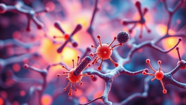 Illustration of antibodies in neural network, medical science focus.