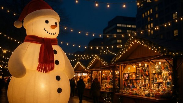 Holiday Square Market Jersey City with festive snowman and lights.