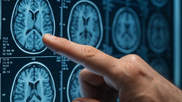 Close-up of hand analyzing brain scans; teletherapy for emotional health after brain injury.
