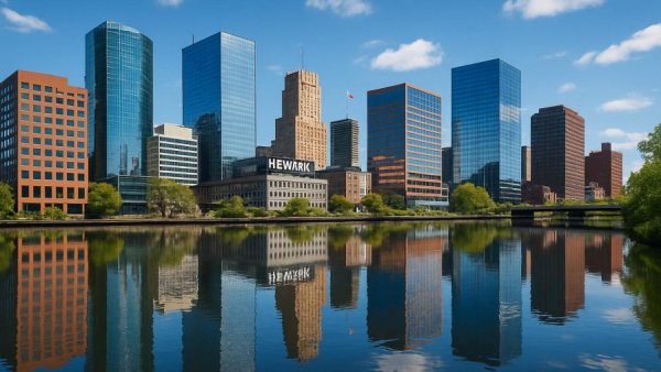 Newark cityscape reflecting workforce growth in clear blue sky.