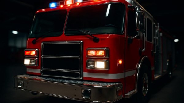 Fire truck in a garage, close-up of details, Hunterdon County trailer fire.