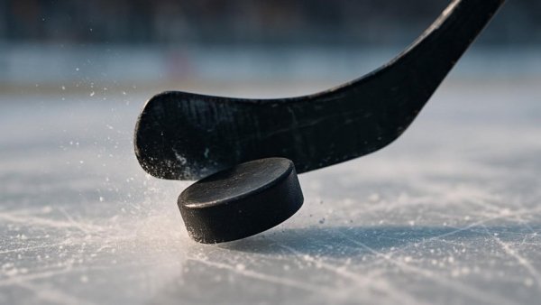 Close-up hockey action with puck and stick on ice.