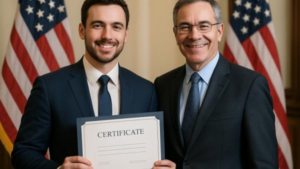 Two men with certificate at New Jersey tree climbing championship ceremony.