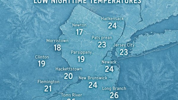 Map of Northern NJ showing cold weather forecast with icy textures.