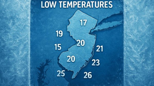 Weather map of New Jersey arctic blast temperatures with icy background.