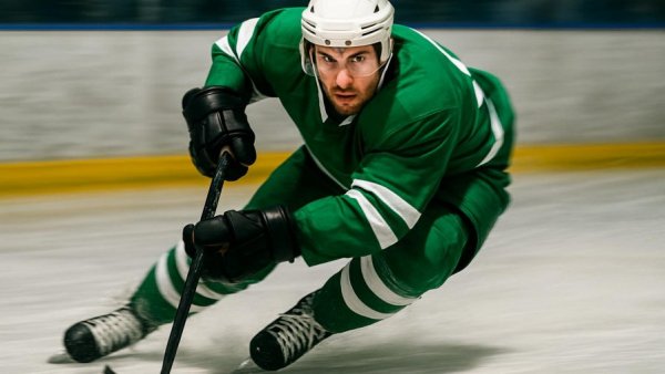 Hoboken boys ice hockey player skates intensely towards puck