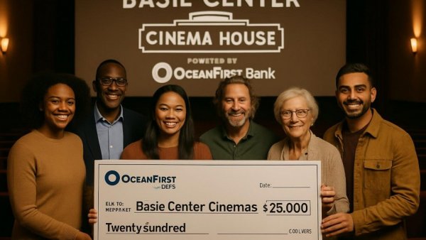 Basie Center Cinema House Powered by OceanFirst Bank event with people holding a check.