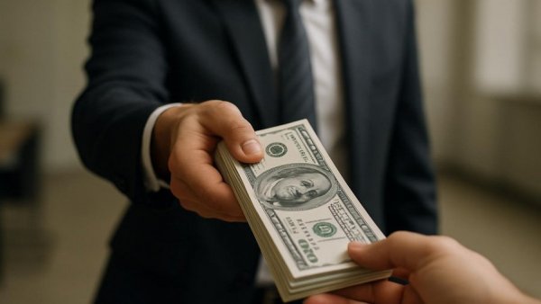 Close-up of money exchange between business professionals.