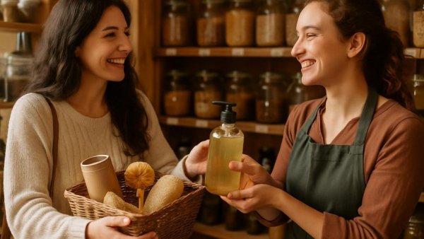 Women in a New Jersey sustainable refill store exchanging products.
