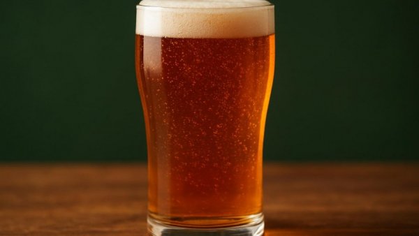 Amber beer in a glass on a table, Anheuser-Busch brewery closure Newark.