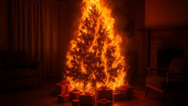 Dramatic fire scenario with Christmas tree in living room for holiday home fire prevention