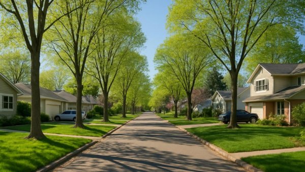 Scenic suburban street view with houses and trees, showcasing Jackson area luxury homes sold.