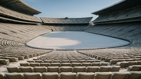 Snowy football stadium with empty seats during Patriots-Bills weather.