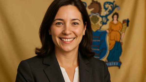 New Jersey Attorney General smiling in front of state flag.