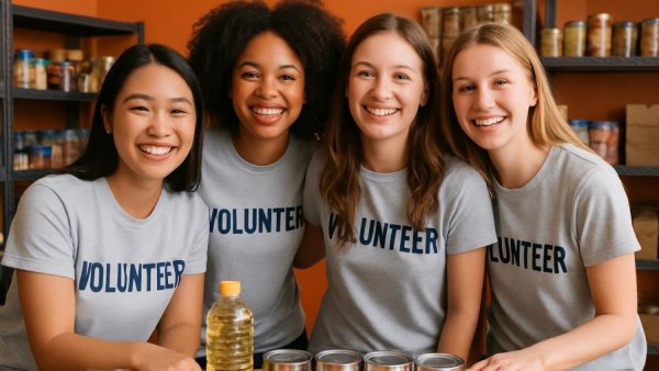 Young women volunteering at New Jersey food pantry, smiling group photo.