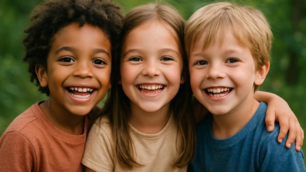 Joyful children smiling together outdoors, Camden child poverty theme.