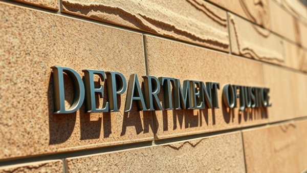 Department of Justice sign on stone wall, Medicare fraud case sentencing context