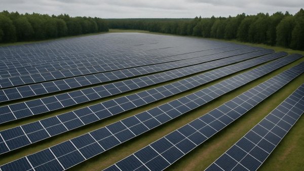 Expansive solar field amidst forest, Soltage secures $80 million revolver.