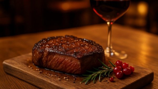 Liberty Prime Steakhouse closure Jersey City with steak and wine.