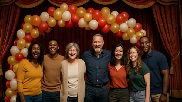 Tri-Alpha Honor Society group members standing on stage with red curtains.