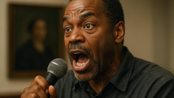 Close-up of a person speaking into a microphone regarding Epstein files transparency.