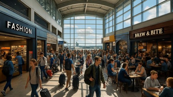 Modern airport terminal showcasing Port Authority Infrastructure Plan NJ with bustling travelers.