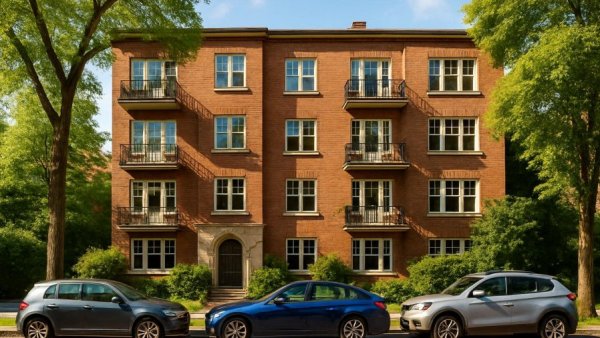 Most expensive homes sold East Orange, modern building and parked cars.