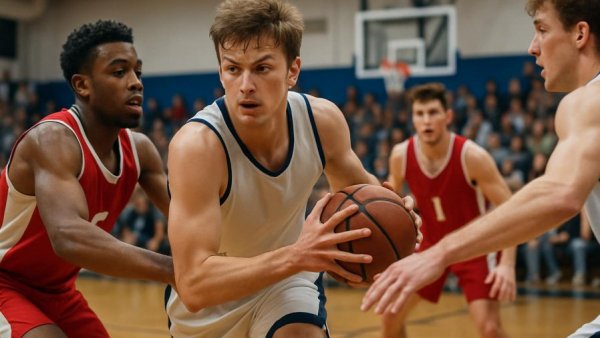St. Joseph (Met.) basketball transfers in action; intense game moment.
