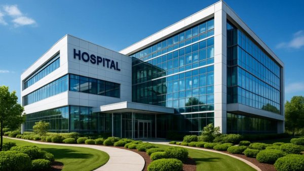 Modern hospital building representing centralized electronic health record system.